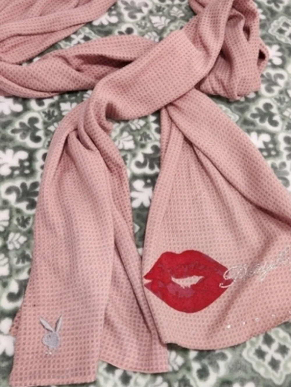 PLAYBOY Pink Scarf with Red Lip Embroidery